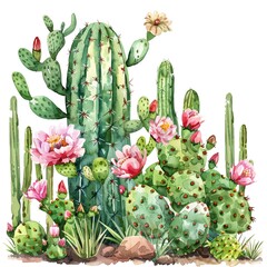 Watercolor cactus garden with blooming flowers, vibrant and arid, front view