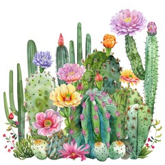 Watercolor cactus garden with blooming flowers, vibrant and arid, front view