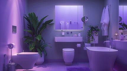 Tranquil lavender bathroom featuring soft lavender walls, sleek white fixtures, and refined silver...
