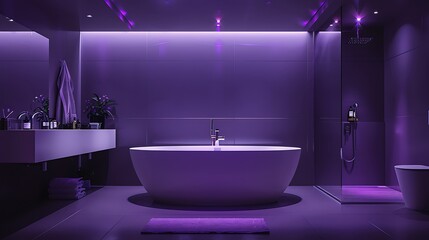 Tranquil lavender bathroom featuring soft lavender walls, sleek white fixtures, and refined silver...