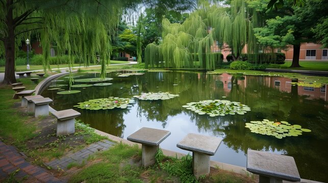 An idyllic campus pond with weeping willows, lily pads, and stone benches invites peaceful reflection.
