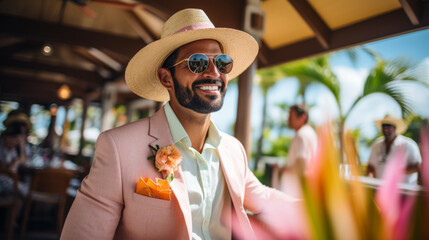 Picture a suave flamingo in a tailored linen suit, accessorized with a straw boater hat