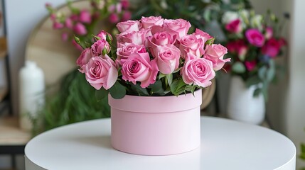 Beautiful bouquet of pink roses in a festive round box on a white table