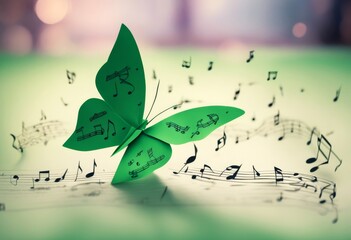 notes classical music butterfly musical background concept green origami colorful paper butterflys illustration notation