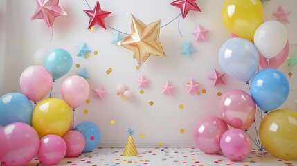Birthday decorations balloons garland and decor for party on a wall background