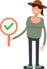 Woman in Hat Character Showing Check Mark
