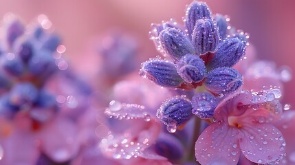 A close-up shot of lavender flowers covered in morning dew, capturing the freshness and vitality of the early hours. List of Art Media Photograph inspired by Spring magazine
