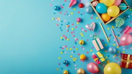 Collection of colorful birthday party objects in a gift box on blue paper background