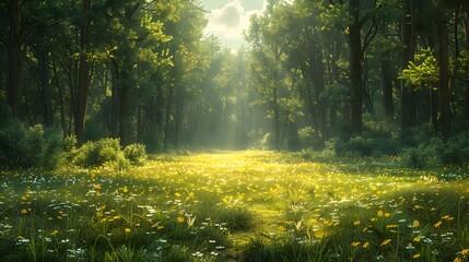 A clearing in a pine forest, with tall trees forming a natural frame around a lush green meadow bathed in sunlight. List of Art Media Photograph inspired by Spring magazine
