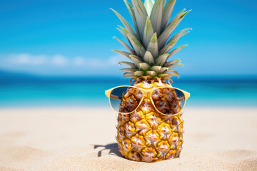 Pineapple wearing sunglasses on a sandy beach with a bright blue sky background, representing summer vacation and tropical relaxation.