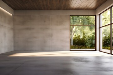 Fototapeta premium Bright and airy modern loft with open access to serene garden landscape