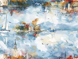 A watercolor painting of a harbor with sailboats and seagulls. The sky is blue and the water is a light blue. The boats are white and the seagulls are gray and white.