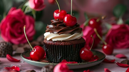 delicious a cherry and chocolate cupcake with a red roses below