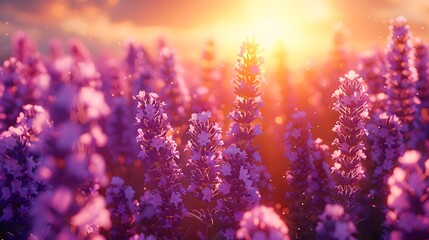 A lavender field at sunset, with the warm golden light of the setting sun casting a beautiful glow...