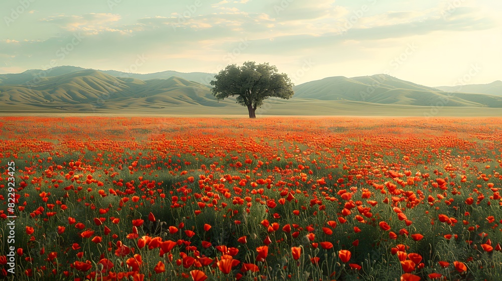 Wall mural a picturesque poppy field stretching to the horizon, with a backdrop of rolling hills and a clear sk