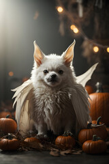 Halloween scary white bat poster, creepy and macabre halloween bat with glowing pumpkins