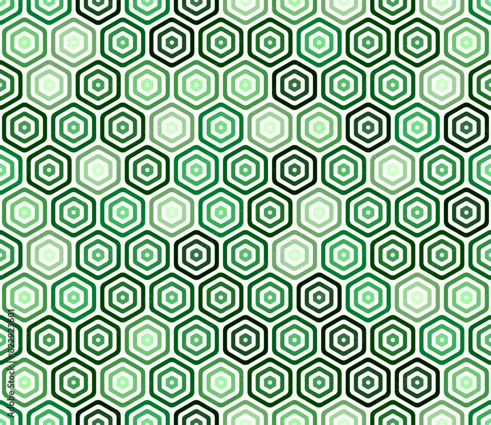 Poster Abstract mosaic shapes geometric background. Green color tones gradients. Bold rounded stacked hexagon cells. Hexagonal shapes. Seamless pattern. Tileable vector illustration.