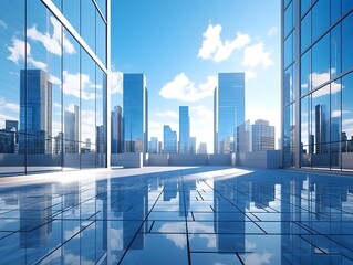 Expansive Modern Corporate Skyscraper Cityscape with Reflective Glass Facades Under Bright Blue Sky
