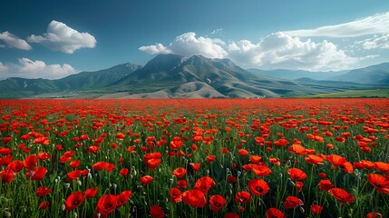 A vibrant field of red poppy flowers in full bloom under a clear blue sky, creating a stunning and colorful landscape. List of Art Media Photograph inspired by Spring magazine