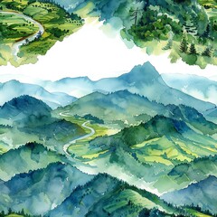 An illustration of a mountain landscape in a watercolor style