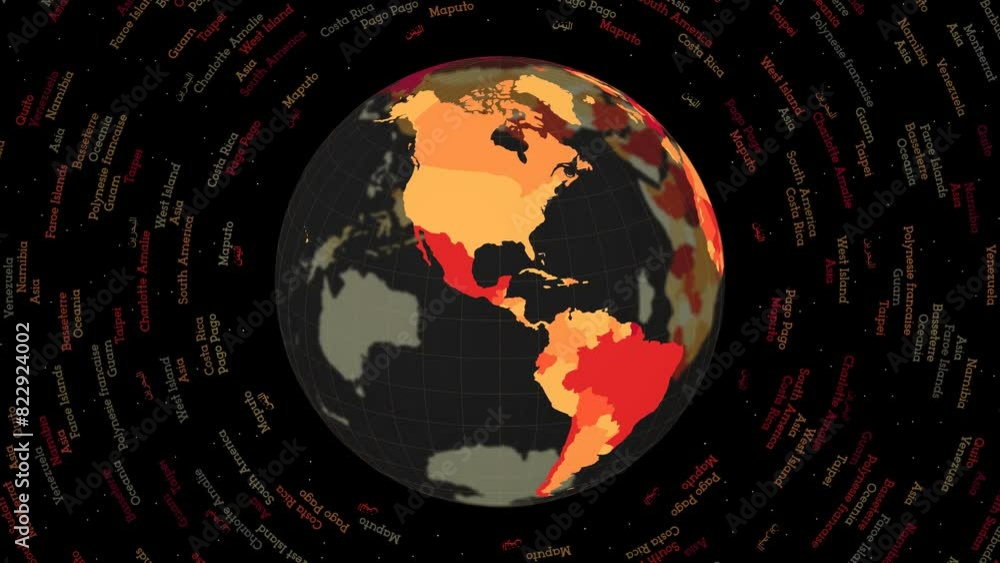 Poster rotating globe. dark translucent globe with round geographical names text. artistic spinning planet.