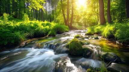 A simple, beautiful stream flowing gently through a forest, with vibrant green foliage and sunlight creating a peaceful natural setting.