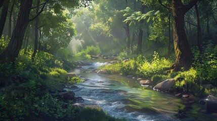 Fototapeta premium A simple stream in a lush forest, with clear water and vibrant green foliage creating a beautiful and tranquil natural setting.