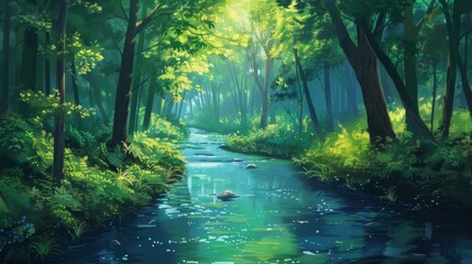 Obraz premium A tranquil stream winding its way through a dense forest, surrounded by vibrant greenery. The simplicity and beauty of nature captured perfectly.