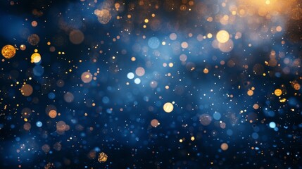 Abstract dark blue and gold particle background with a Christmas lights bokeh effect
