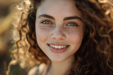 Obraz premium Close-up Portrait of a Young Woman with Curly Hair and Freckles Smiling in Sunlight, Exuding a Radiant and Youthful Energy
