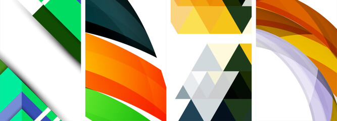 Sleek geometric abstract backgrounds composed of circles, lines, and triangles, exuding minimalist sophistication for wallpaper, business card, cover, poster, banner, brochure, header, website