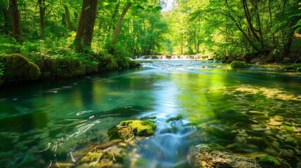 Obraz premium Calm forest stream with crystal-clear water and vibrant green surroundings, creating a serene and beautiful natural backdrop.