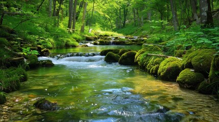 Naklejka premium Calm forest stream with crystal-clear water and vibrant green surroundings, creating a serene and beautiful natural backdrop.