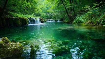Calm forest stream with crystal-clear water and vibrant green surroundings, creating a serene and beautiful natural backdrop.