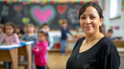 Back to School Elementary School Teacher with Kids and Colorful and Playful Classroom