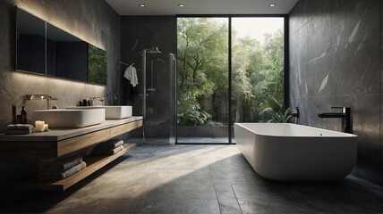 Minimalist Luxury: Modern Bathroom with Freestanding Tub and Marble Finishes. Generative AI