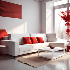 interior of  white and red sofa modern interior