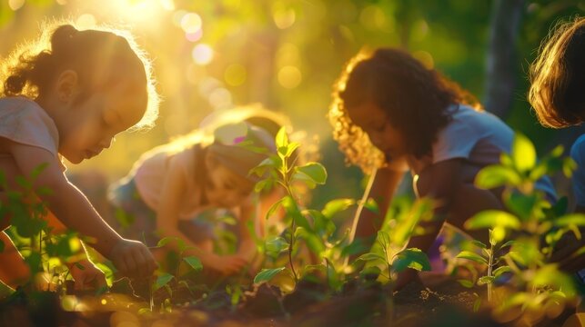 Cute kids and women planting saplings together in a sunny, warm-toned garden, with a bokeh background that adds a touch of magic to the scene.