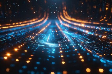 Obraz premium A glowing blue and orange circuit board with a binary code pattern.