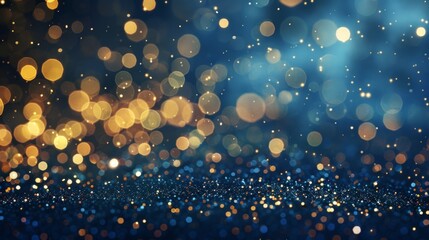 Fototapeta na wymiar Elegant abstract background featuring dark blue, gold particles, and Christmas light bokeh on a blue-green backdrop with gold foil