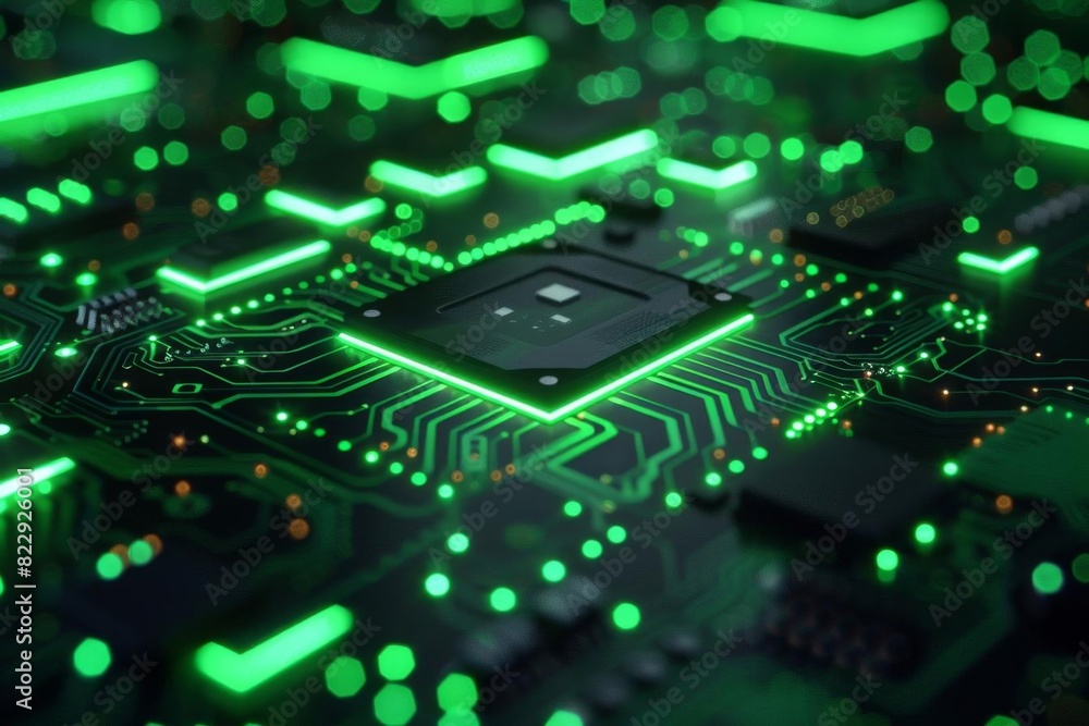 Poster a close-up of a computer chip with green lights. the chip is surrounded by a circuit board with gree