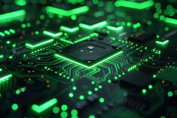 A close-up of a computer chip with green lights. The chip is surrounded by a circuit board with green and black lines.