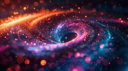 An abstract painting of a galaxy, with bright swirling colors of blue, orange, pink, and purple.