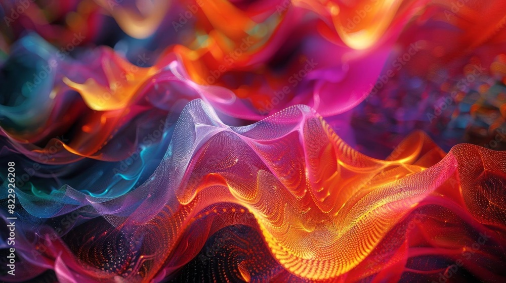 Poster create a 3d rendering of a colorful plasma field with glowing particles and a depth of field effect