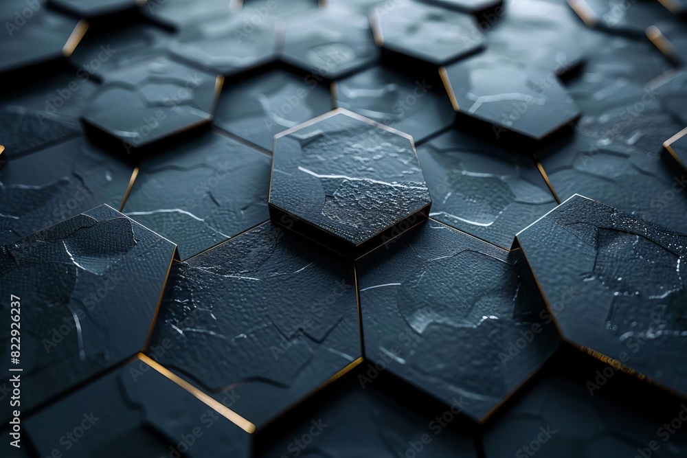 Poster create an abstract background image of black hexagons with copper outlines. make the hexagons appear