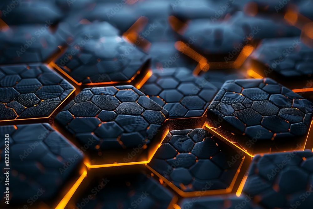 Poster create a 3d rendering of a futuristic hexagonal surface with glowing orange cracks. the hexagons sho