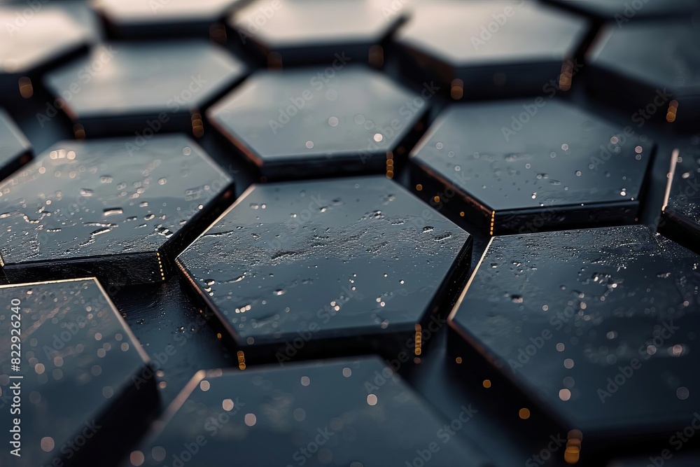 Poster create an abstract background pattern of glossy black hexagons with water droplets on the surface