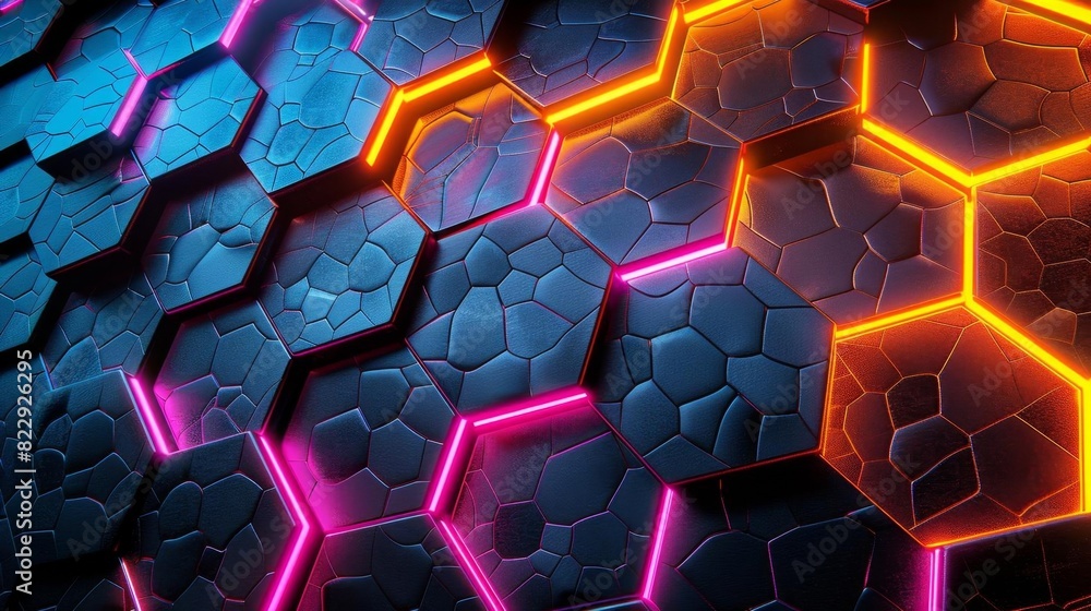 Poster create a seamless pattern with glowing neon hexagons in blue, pink and orange. the hexagons should b