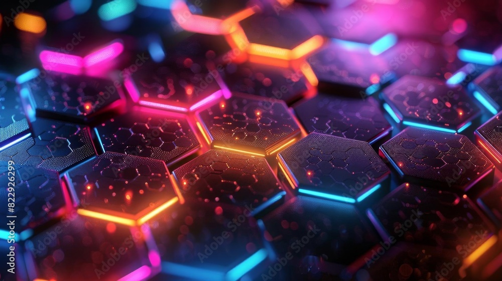 Poster create a seamless hexagonal pattern with glowing neon lights. the colors should be blue, pink and or