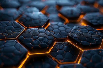 Obraz premium Create a 3D rendering of a futuristic hexagonal surface with glowing orange cracks. The hexagons should appear to be made of dark metal.